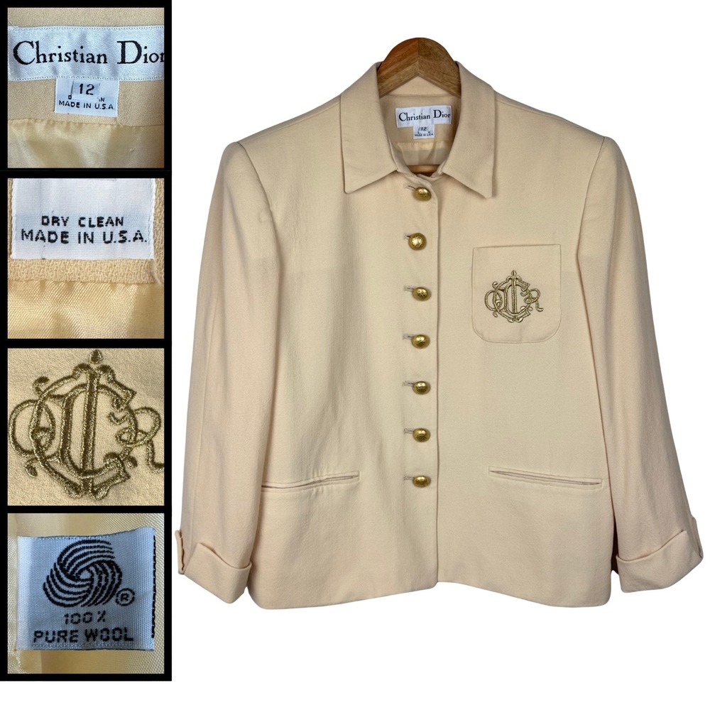 Vintage Christian Dior Blazer Wool Jacket‎ Women 12 Cream Monogram Quiet Luxury
